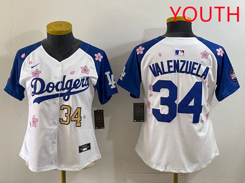 Youth Los Angeles Dodgers 34 Valenzuela White Blue Sakura Edition 2025 Nike MLB Jersey style 33